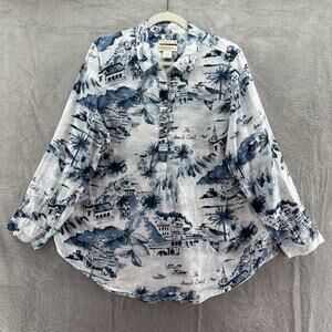 Cynthia Rowley Top Women 1X Blue Linen Floral Popover 1/4 Button Roll Tab Sleeve